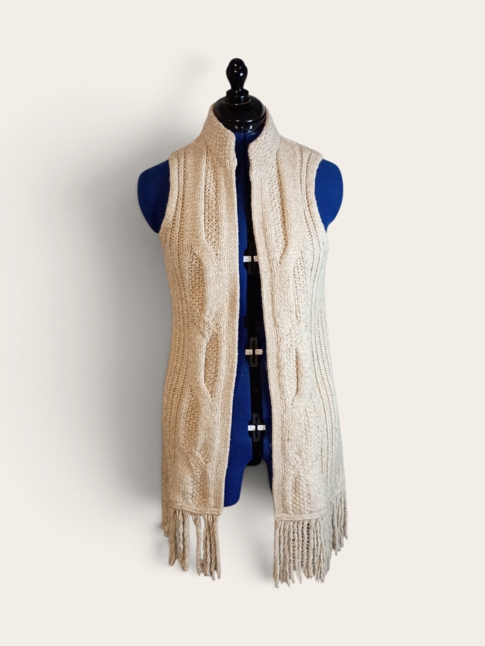 Chico's Cream Cable Knit Fringe Open Vest